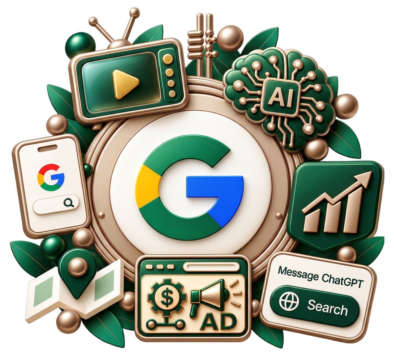 Search, AI and Google advertising emblem